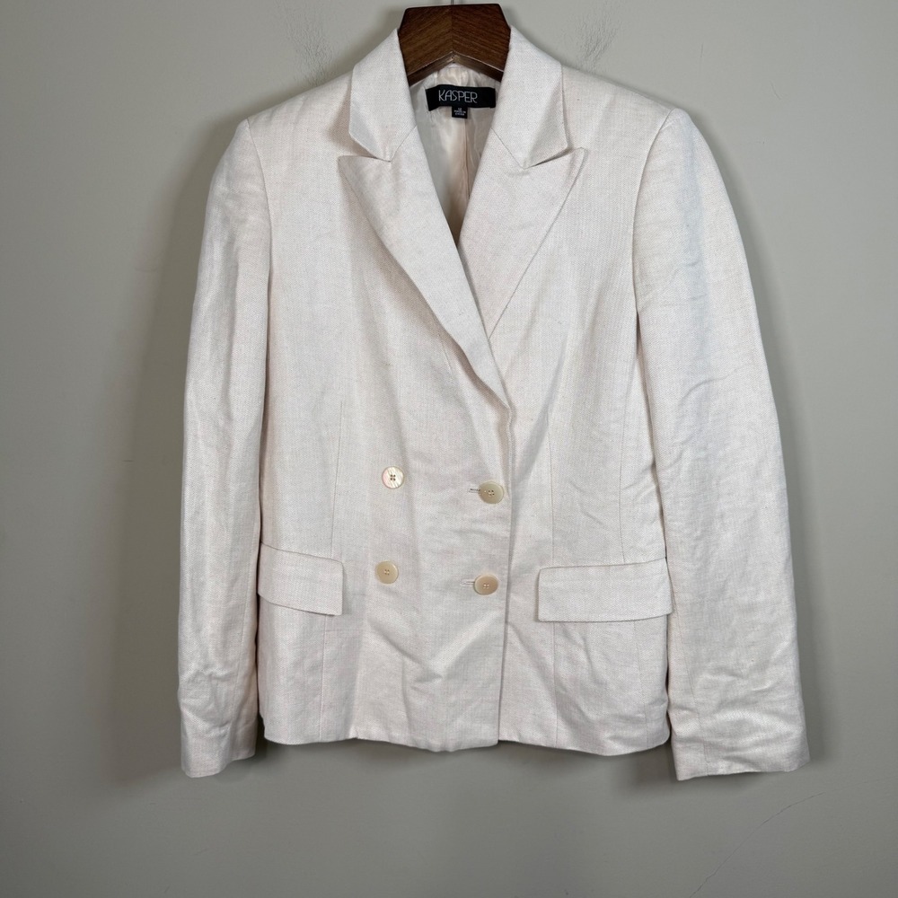 Kasper Linen Blend Herringbone Double Breasted Blazer Size 12 Office Classic